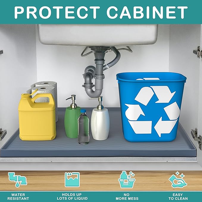 URMONA Waterproof Silicone Under Sink Mat 28'' x 22'' Shelf Liner for Kitchen and Bathroom, Cabinet and Counter Protector, Storage and Organizers, Litter Mat, Pet Cat Puppy Essentials(Light Grey)