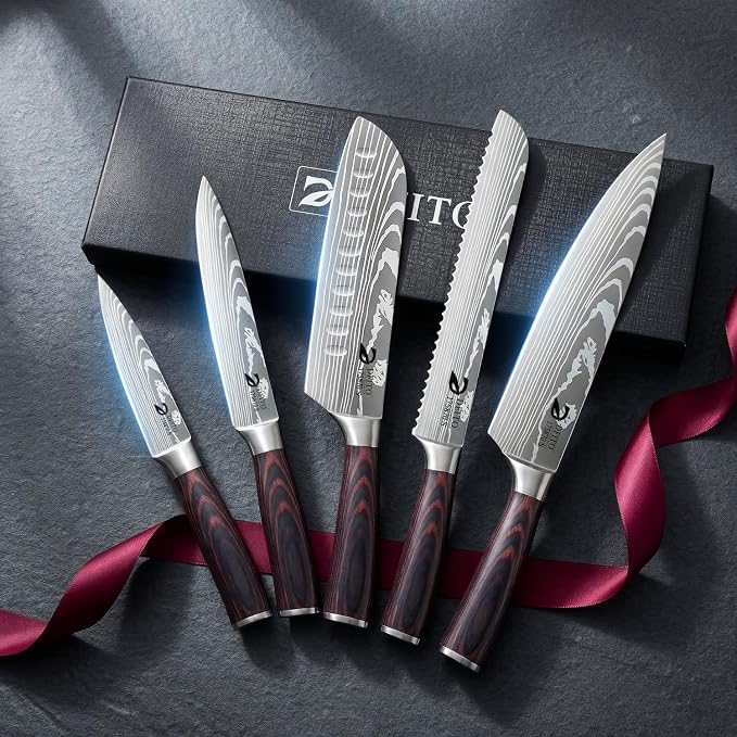 Kitchen Knife Set 5 Pieces, Professional Chef Knives Set Gift Box | High Carbon Stainless Steel Chef Knife Set with Ergonomic Pakkawood Handle, Sharp Cooking Knives for Kitchen & Home Cooking