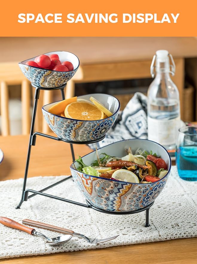 YHOSSEUN 3 Tier Serving Bowls, Serving Dishes for Entertaining Porcelain | Serving Trays and Platters Tiered Bowl Set with Collapsible Thicker Sturdier Metal Rack, Framhouse Kitchen Decor