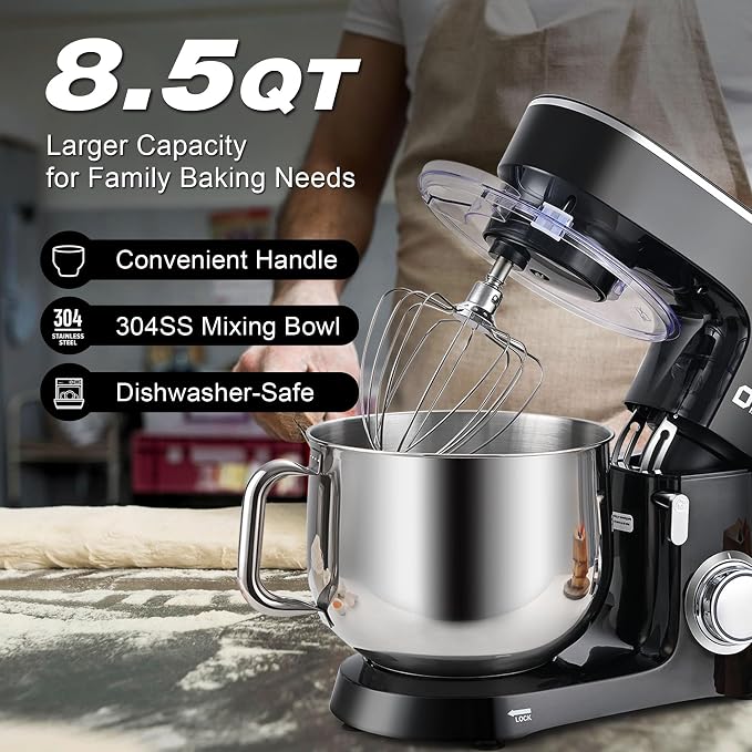 Kitchen in the box Stand Mixer 8.5 QT, 900 Watt Heavy Dough Mixer (Black) | 10 Speed Adjustable, 8.5 Quart Mixing Bowl with Handle, Tilt-head, Whisk, Flat Beater and Splash Guard