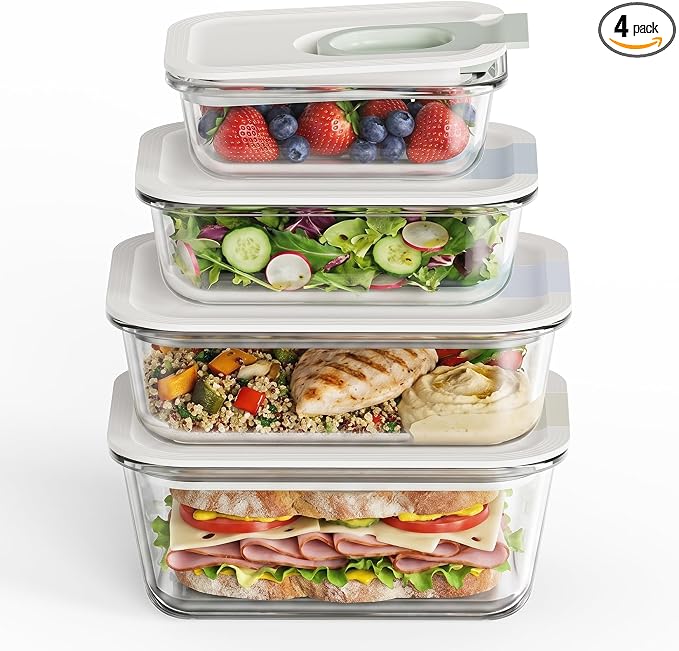 4 Pack 129 oz Glass Meal Prep ContainersGlass Food Storage Containers with One-Hand Slide LidBorosilicate Airtight Portion Control Containers, MicrowaveOven Freezer Safe, BPA Free