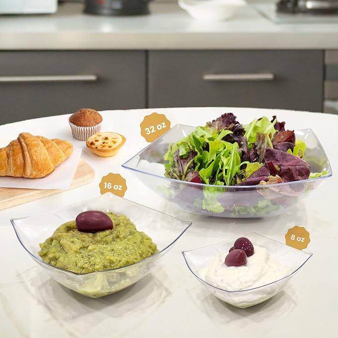 R-kay 6 Pack Square Small Plastic Serving Bowls 8 oz - Small Plastic Bowls for Parties, Premium For Weddings Catering And Birthday parties