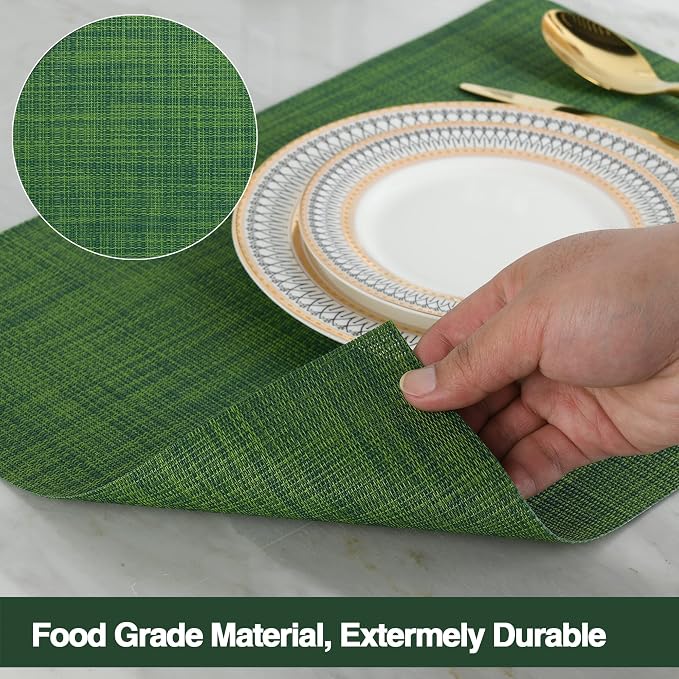 SLKQG Green Placemats Set of 8 - Wipe Clean Vinyl Placemats - Washable Heat Resistant PVC Placemats for Dining Table - 17x12 Inch (Green, 8)