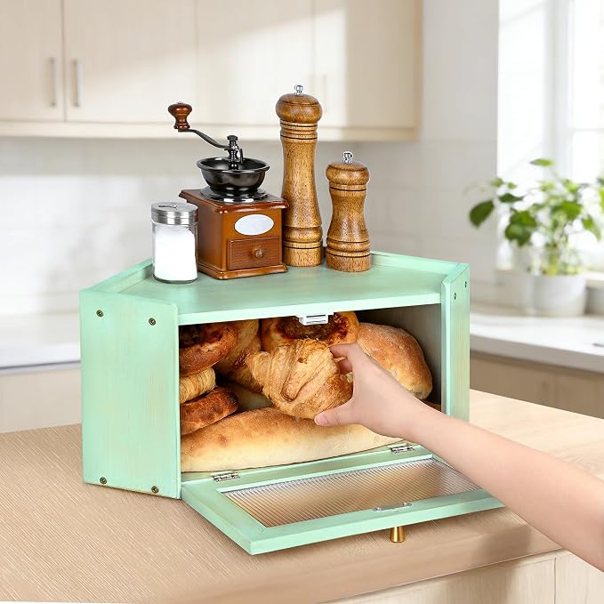Bread Box for Kitchen Countertop with Acrylic Window Green | Farmhouse Bread Storage Container, Large Pantry Organizers for Homemade Snacks, Loaves, Breathable Keeps Bread Fresh