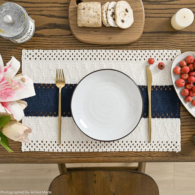 Artoid Mode Dark Blue Farmhouse Rustic Placemats Set of 4,12x18 Inch Seasonal Holiday Hollow Table Mats Party Kitchen Dining Decoration
