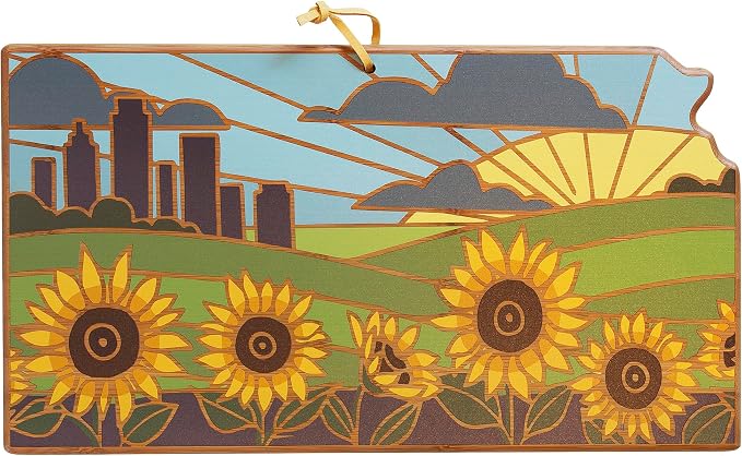 Totally Bamboo Kansas State Shaped Cutting Board, Summer Stokes Art | State charcuterie board with colorful hand-drawn landscape art. Smooth reverse side for food prep. Hang tie for wall display.