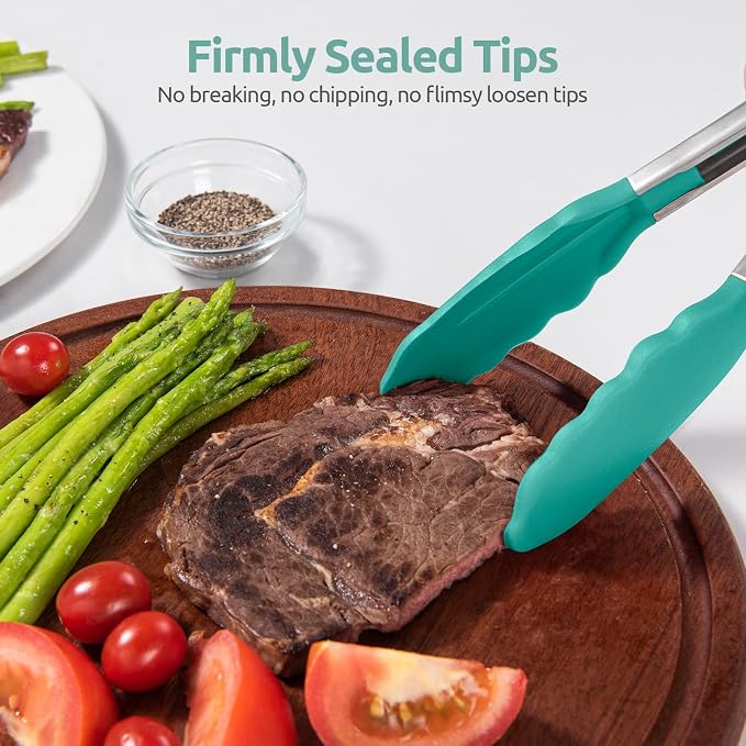 U-Taste Kitchen Tong for Cooking, 600ºF Heat-Resistant Tps, 7in/Aqua Sky | Small Mini Silicon Tongs for Serving Food, Short Salad Thong with Non Stick Rubber Tips & 18/8 Stainless Steel Handle