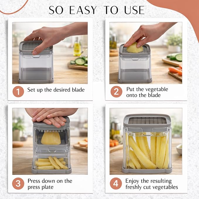 Brieftons PerfectCut Vegetable Chopper: Manual Push-Down Food Dicer & Chop Box, 4 Blades, French Fry Cutter, Potato Wedge & Veggie Cutter, No Electricity, 3.5-Cup Catch Container, 5 Recipe eBooks