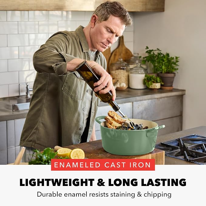 GreenPan x Bobby Flay 5.5QT Enameled Cast Iron Dutch Oven With Lid, Green | Casserole Pot for Braising, Stews, Bread Baking & Searing, Self-Basting Lid, Induction Ready, Oven Safe To 500, Gold Lid Knob