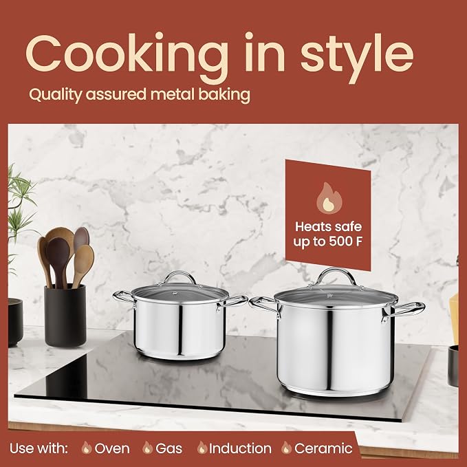 Stainless Steel Stockpot with Tempered Glass Lid 8 Quart, Durable 18/0 Stainless Steel, Impact-Bonded Base for Even Heating, Riveted Handles, Oven & All Stove Compatible, Safe Up To 500°F (260°C)