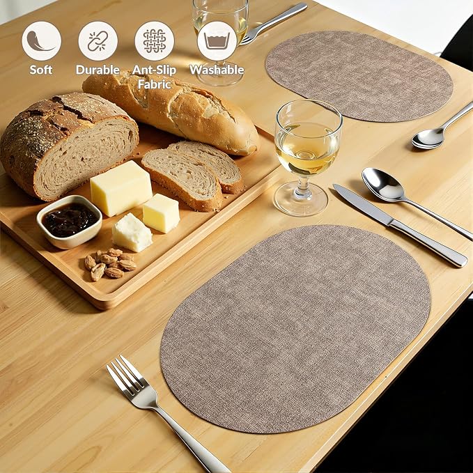 Placemats Set of 6, 11.8 x 17 Inch, Light Brown | Heat Resistant Oval Faux Leather Place Mats, Waterproof Wipeable Reversible PU Placemat, Indoor & Outdoor