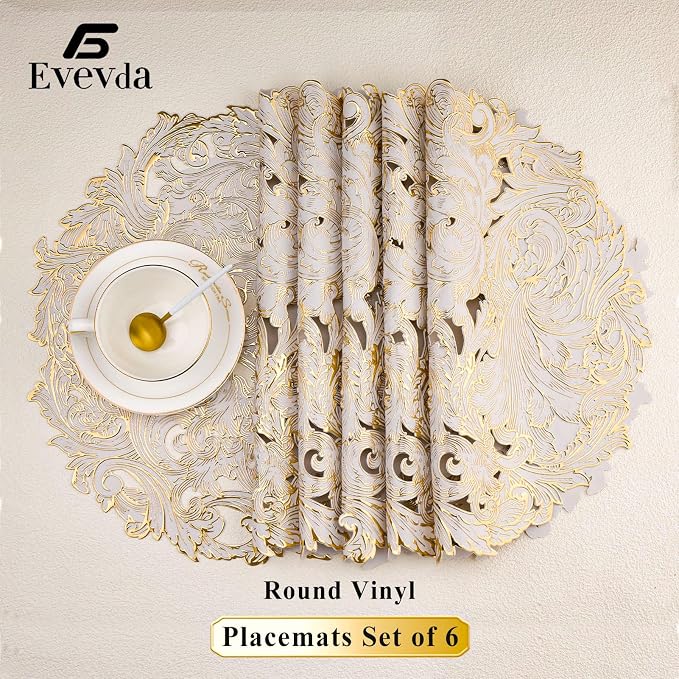 Evevda Gold Placemats Set of 6 Hollow Out Vinyl Dinner Table Mats | Non Slip Washable Place Mats for Dining Tables Kitchen Wedding Party Restaurant Decor