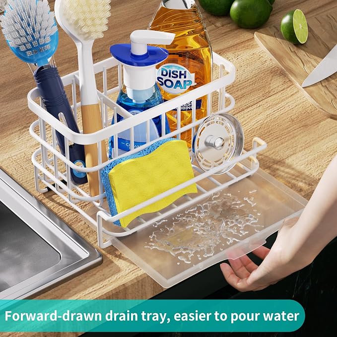 HapiRm Sink Caddy Sponge Holder - Kitchen Sink Organizer with Drain Tray, SUS304 Stainless Steel Rustproof Sponge Caddy Storage for Kitchen Countertop- White