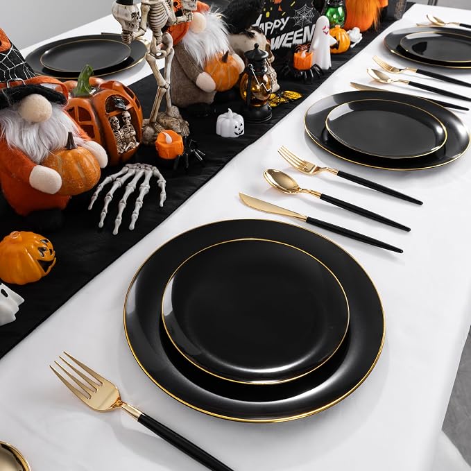 DaYammi 150Pcs Black Plastic Plates with Gold Silverware,Black Disposable Plates Set Included 30 Dinner Plate,30 Dessert plate,30 Knives,30 Forks,30 Spoons,black and gold plates for Party Wedding