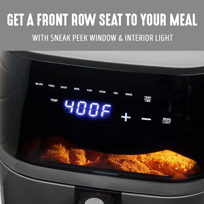 GreenLife Compact Electric Air Fryer Oven, 5.3 QT, PFAS-Free Ceramic Nonstick Drawer, 8 One Touch Digital Display, Easy View Window, Auto Shut-Off Timer, Dishwasher Safe Parts, 1500 Watts, Graphite