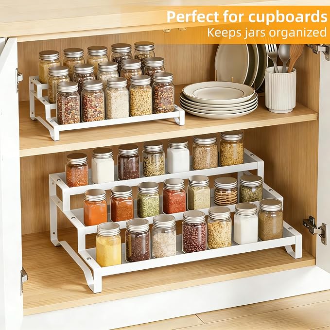 2 Pack Spice Rack Organizer for Cabinet, 13-21.5" Expandable Spicy Shelf | 9.45" Depth 3-Tier White Metal Seasoning Organizer, Kitchen Spice Organization, Slip-Resistant Guardrails for Jars and Cans