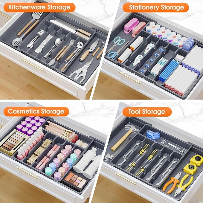 SpaceHacks Silverware Organizer，Adjustable & Expandable Drawer Organizer | Utensil Drawer Organizer, BPA Free Utensil Holder, Cutlery Tray for Forks, Spoons, Knives in Kitchen, Large, Grey