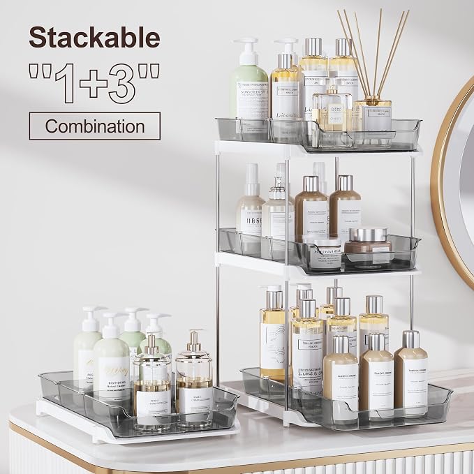 Delamu 2-Tier Multi-Purpose Bathroom Under Sink Organizers and Storage, Stackable Kitchen Pantry Organization, Pull Out Medicine Cabinet Organizer with Movable Dividers, Grey, 2 Pack