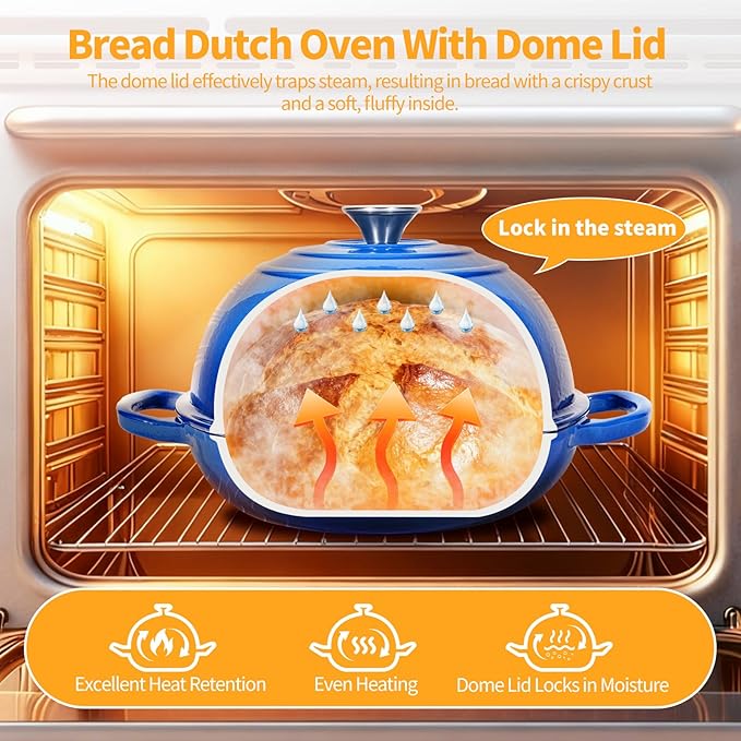 6QT Enameled Cast Iron Dutch Oven For Sourdough Bread Baking | Dutch Oven Pot With Lid,Non-stick Sourdough Baking Pan with Bread Dome,Round Ceramic Dutch Oven Pot for Homemade
