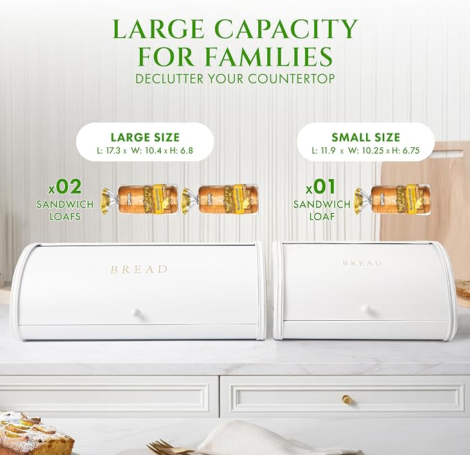 FINESSY Large Bread Box Roll Top, White Metal Bread Box For Kitchen Counter | Bread Box For Homemade Bread, Holds Two Loaves, Bagels & Muffins. White Metal Bread Box With Roll Top Lid 17.3 × 10.4 × 6.8