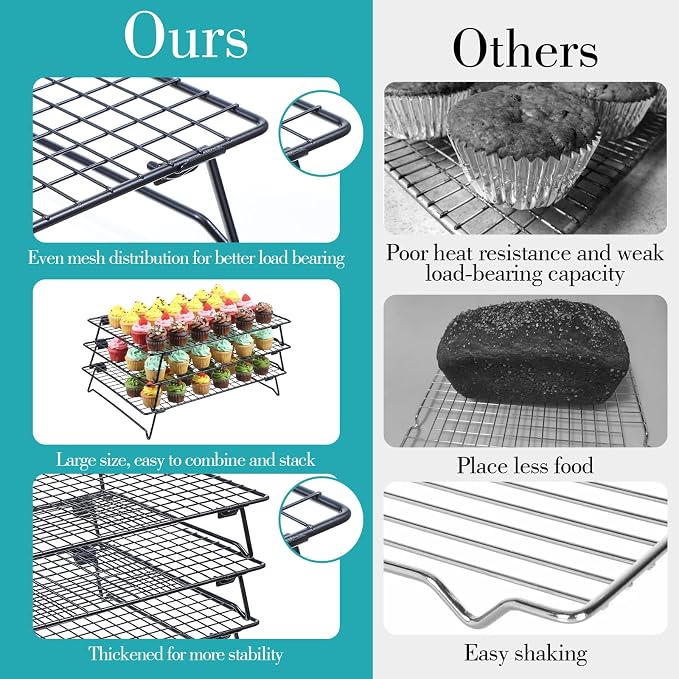 Kifmurase 3PCS Stackable Cooling Rack for Baking, 13.3 x 9.3 Inch Carbon Steel Wire Rack with Folding Legs for Cookie Cake Pizza Jerky, Multi-Use Bread Oven Racks for Cooking Roasting Drying Grilling