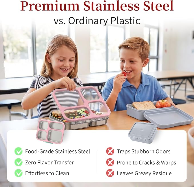 Stainless Steel Lunch Box for Kids, Leakproof 4 Compartment Kids Bento Lunch Box with Clear Lid, BPA-Free Steel Lunch Box Containers for School Travel (Pink)