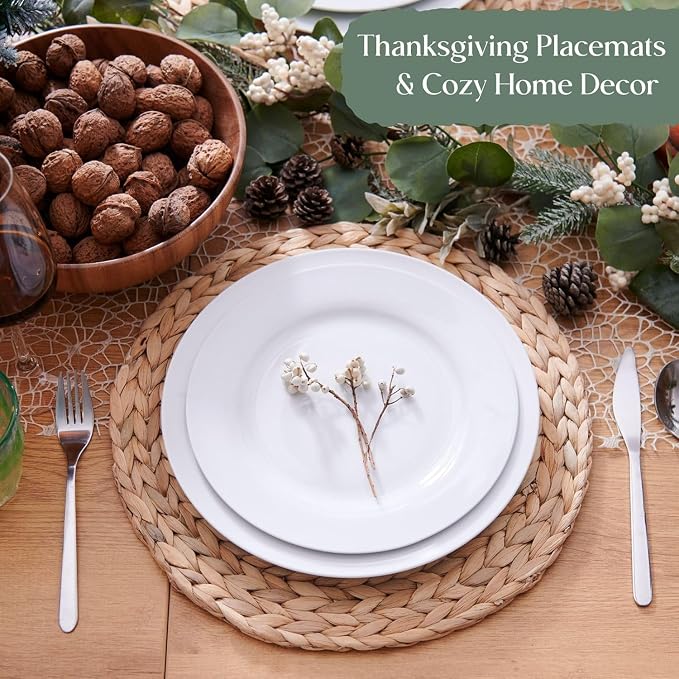 10 Pack, Round Woven Placemats, Natural Water Hyacinth Place mats, Braided Straw Table Mats for Dining Table, Christmas Placemats (13.8 inch)