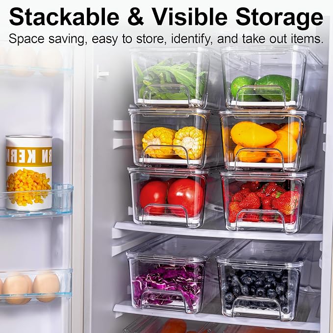 4-Pack Stackable Fruit Storage Containers for Fridge | Pull-Out Drawer Organizer Bins, With Lids & Drain Tray, Keep Fresh, Removable Refrigerator Container for Berry, Veggie, Drink