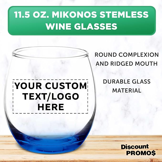Custom Mikonos Stemless Wine Glasses 11.5 oz. Set of 10/50/100, Personalized Bulk Pack - Restaurant Glassware, Perfect for Red Wine, White Wine, Cocktails - Blue