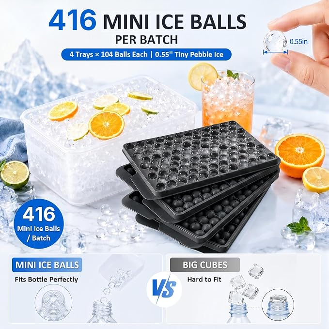 Mini Ice Cube Trays with Lid & Bin, Tiny Pebble Ice Balls for Coffee | Make 416 Mini Ice Balls with 4 Trays, Easy Release, Stackable, Scoop Included, for Iced Coffee, Drinks and Daily Use