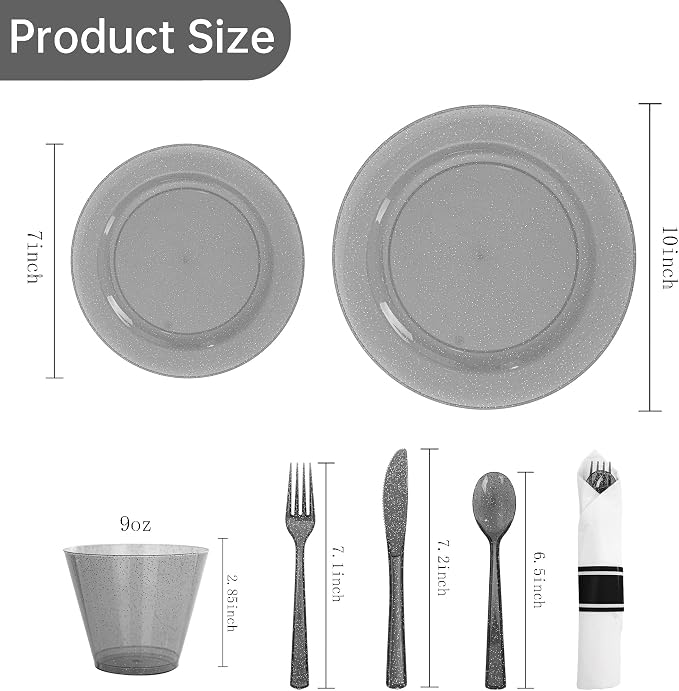 DaYammi 210PCS Black Glitter Plastic Dinnerware Set for 30 Guests, Fancy Disposable Plates for Party, Include: 30 Dinner Plates, 30 Dessert Plates, 30 Pre Rolled Napkins and 30 Cups