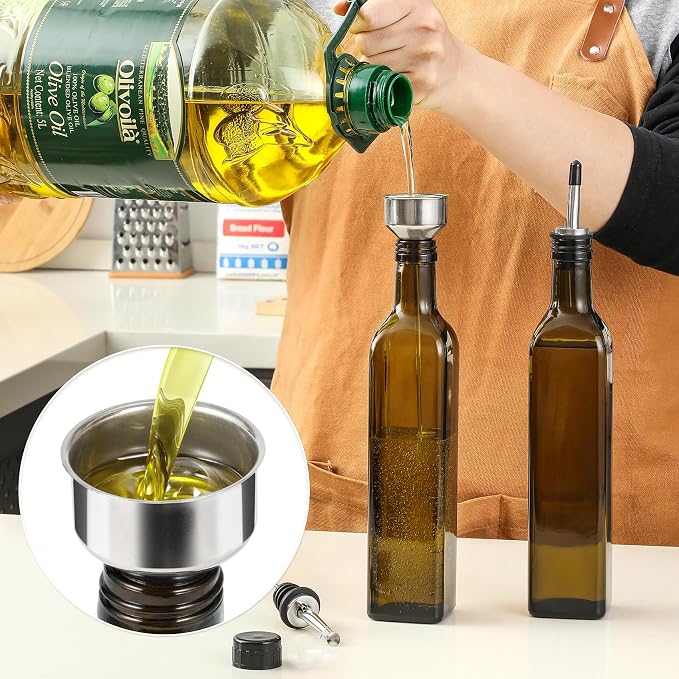 AOZITA 17oz Glass Olive Oil Dispenser - Oil and Vinegar Cruet Bottle with Stainless Steel Pourers - Funnel For Easy Refill - Olive Carafe Decanter for Kitchen
