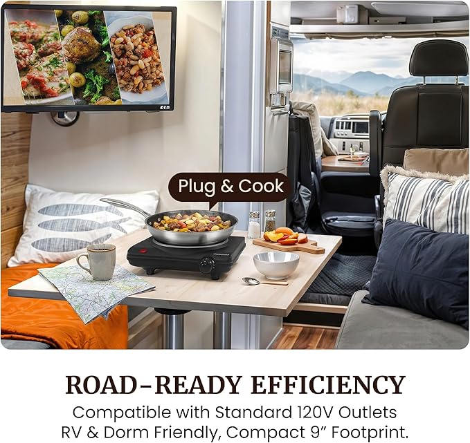 Elite Gourmet Electric Burner, 1000W Cast Iron Hot Plate, 7 Heat Settings | Portable cooktop for RV, dorm, office & small kitchens - road-ready, compact, and countertop-ready for cooking anywhere