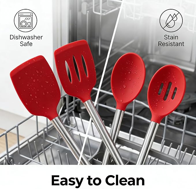 Vayvnt 4 Pieces Kitchen Spatula Set, Heat Resistant Silicone Utensils, Red | Large Size Kitchen Tools, For Nonstick Cookware, Spoons and Turners, Stainless Steel Handle, Easy Cleaning, Dishwasher Safe