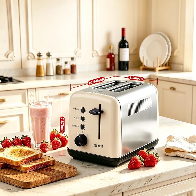 Toaster 2 Slice, Stainless Steel, 6 Shade Settings, 1.5" Extra Wide Slots | NEXFIT Retro Toaster with Bagel, Defrost, Reheat & Cancel Functions, 900W, Removable Crumb Tray, High Lift, Cord Wrap, Beige