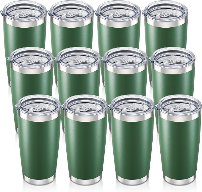 20 oz Tumbler with Lid Stainless Steel Insulated Tumblers Bulk Cups Mug | Double Wall Vacuum, Powder Coated, Keep Drinks Cold and Hot, Waterproof Lid, Fit of Car Cup Holders, Drak Green, 12 Pack