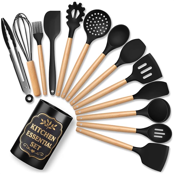 14 Pcs Black Kitchen Utensils Set with Holder for Nonstick Cookware | Silicone Cooking Utensils Set for BBQ; Heat-Resistant Tools with Wooden Handles for Baking, Serving, Frying, and Mixing