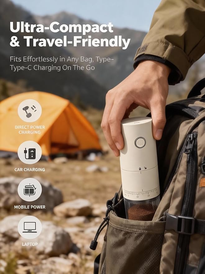 Lamido Portable Electric Coffee Grinder with Ceramic Burr - Visual Bean Hopper - 38 Adjustable Grind Settings - 1.8X Faster Grinding - 2000 mAh Rechargeable (Light Beige (E95), E95)