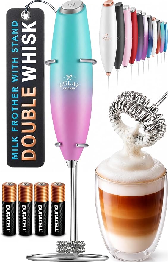 Zulay Kitchen Powerful Milk Frother Wand With Duracell Batteries - Ultra Fast Handheld Drink Mixer - Electric Whisk Foam Maker for Coffee, Lattes, Cappuccino & Matcha - Double Whisk - Bubblegum