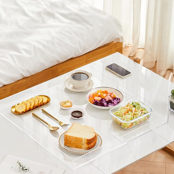 Oversize Extra Large King Size Bed Tray for Eating Big Clear Acrylic Serving Tray with Handles 24x24 Inch -Spill Proof- Decorative Countertop Organizer for Ottoman,Bed,Party, Butler Tray