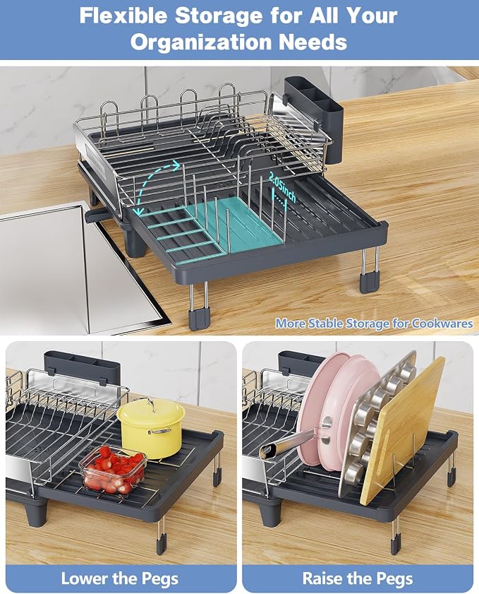 Expandable Dish Drying Rack, Dish Racks for Kitchen Counter, Stainless Steel 304, Flip-Top Retractable Plate, Multi-Directional Adjustable Dish Rack, Space Saving Large Drying Rack Kitchen, Gray