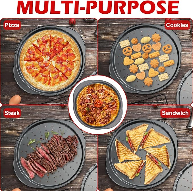 13" Round Pizza Pan for Oven, 2 Pack | Non-stick Carbon Steel, With Holes, Handle, Easy to Clean, Oven Safe