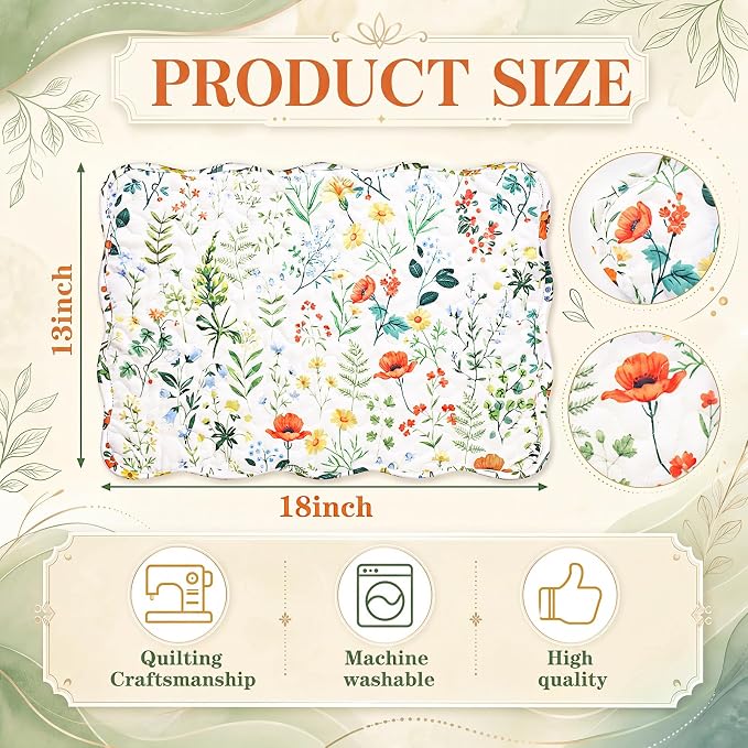 Quilted Placemats Set of 6, 18" x 13" Large Scalloped Cotton Placemat Washable Cloth Flowers Table Mats for Summer Party Kitchen Dining Farmhouse Cottagecore Decor(Wildflowers)