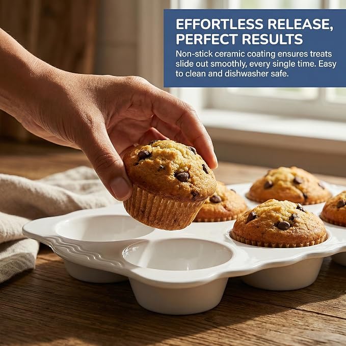 Hiceeden 2 Pack Ceramic Muffin Pans, 6 Cups Non-stick Muffin Tin Cupcake Baking Pans with Handles for Muffin Cakes, Egg Tarts, Mousse, Pot Pie, Jelly