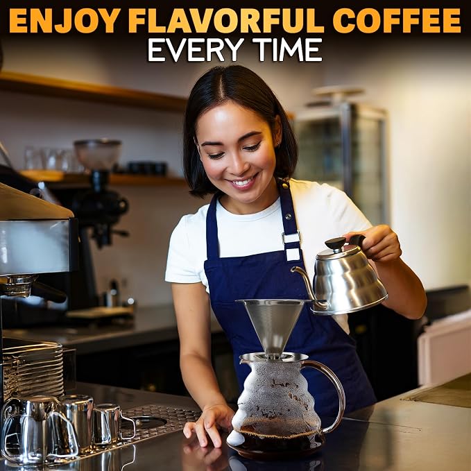 Stainless Steel Pour Over Coffee Dripper Set with 2 Cups, 600 Mesh | Pour Over Coffee Maker, Double Mesh Filter, Wide Base, Silicone Handle, Cleaning Brush, Paperless Flavor, for Loose Coffee