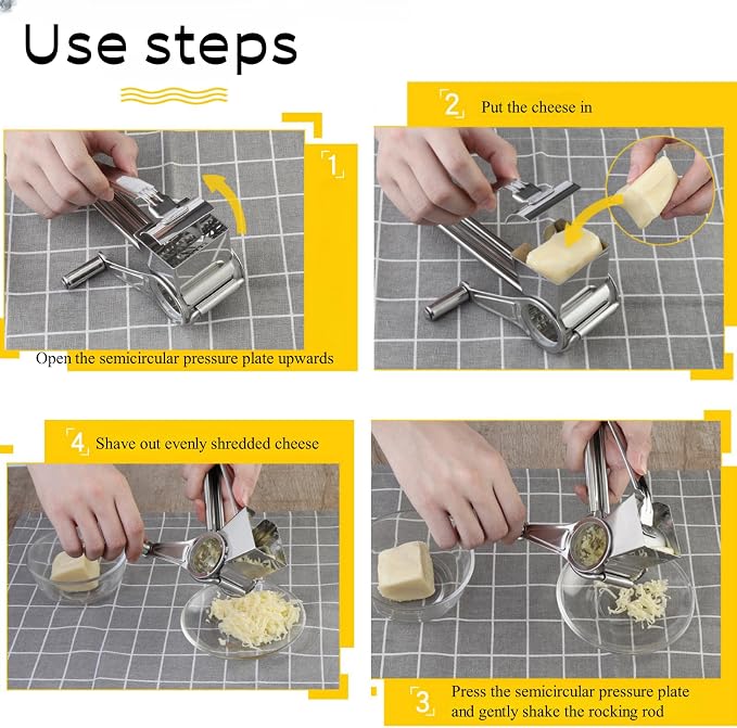 Manual Rotary Cheese Grater, 304 Stainless Steel Hand-Crank | Manual Cheese Grinder for Parmesan, Cheddar, Chocolate, Nuts & Vegetables