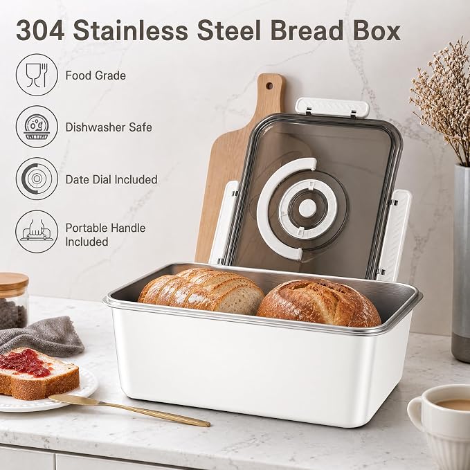 Bread Storage Stainless Steel Bread Box for Homemade Bread Airtight,Beige | 304 Stainless Steel;Airtight;Date Dial;5800ML Large Capacity (13.0 × 7.1 × 5.7 in);Dishwasher Safe;Portable Handle;Leak-Proof