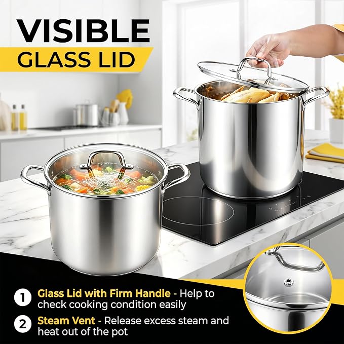 Homikit Large Stock Pot 14 Quart, Stainless Steel Chicken Soup Pot with Lid for Canning Steaming Stewing, Tri-ply Heavy Bottom Cooking Boiling Pasta Induction Stockpot, Dishwasher Safe