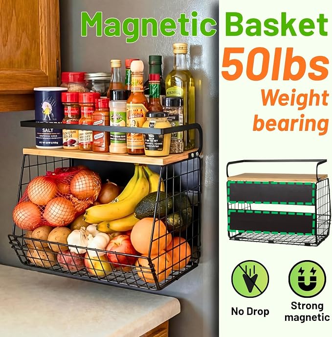 2 Set Magnetic Shelf for Refrigerator with Wood Lid, Fruit Potato & Onion Storage Bins, Pantry Organizers & Storage, Large Container Magnetic Spice Rack for Refrigerator, Kitchen Counter, Cabinet | Strong magnet holds 50lbs, ventilated bin for produce,...