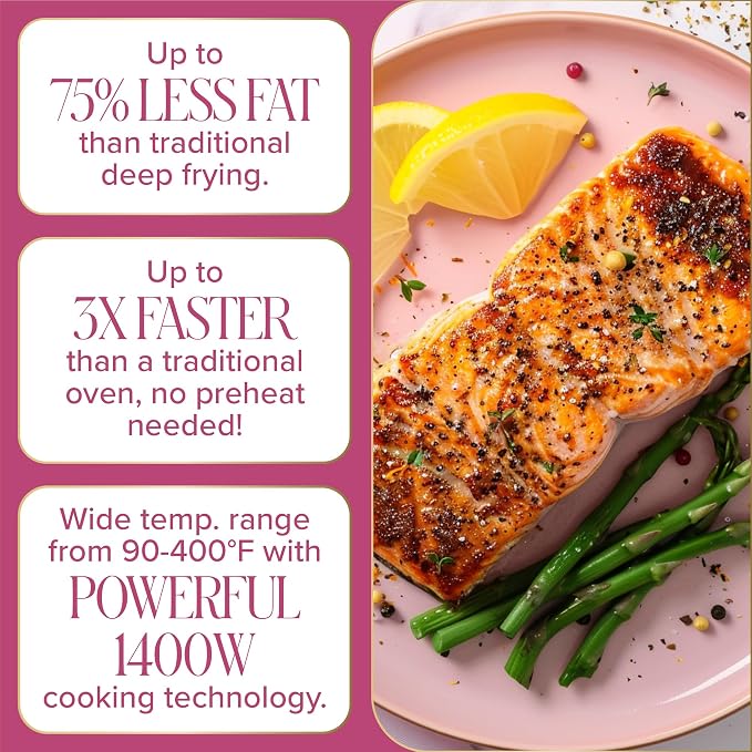 Paris Hilton 6-Quart Air Fryer, Nonstick Basket Made Without PFAS, Touchscreen, 8-in-1 (Fry, Roast, Broil, Bake, Reheat, Keep Warm, Pizza, Dehydrate), Dishwasher Safe Basket and Crisping Tray, White